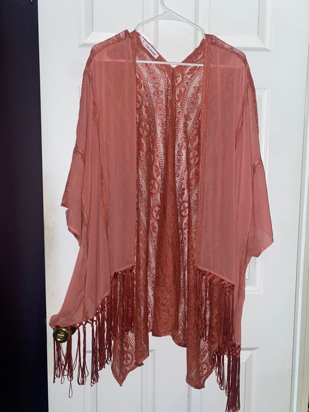 Maurices Rust Open Crochet Fringe Kimono